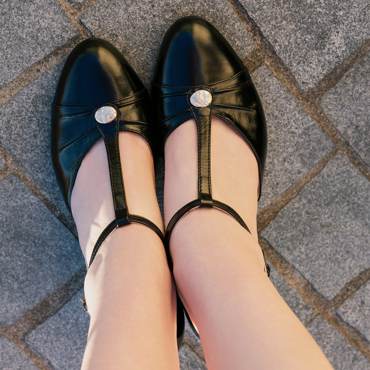 Charlie Stone Shoes women's vintage inspired classic italian style T bar heel stiletto black leather ladies shoes