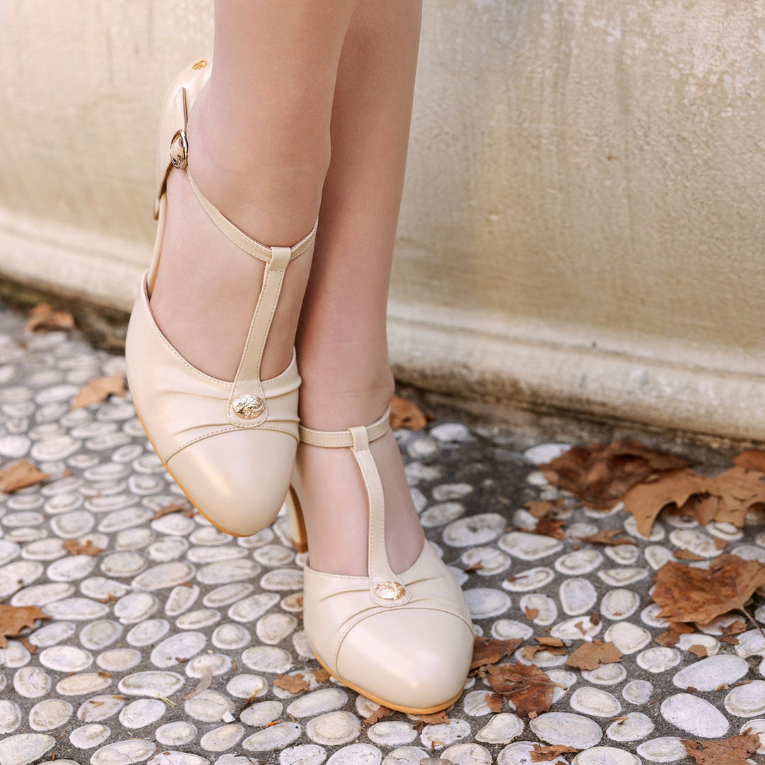 Charlie Stone Shoes women's vintage inspired classic italian style T bar heel stiletto bone cream neutral leather ladies shoes