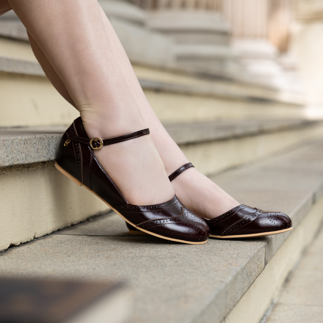 Charlie Stone Shoes vintage flats oxford wingtip mary jane style Dorian dark cocoa oiled leather