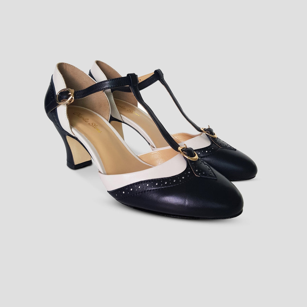Charlie Stone Vintage Inspired Heels Retro 1920's 1930's 1940’s 1950’s Style Ladies Shoes brogue oxford wingtip black white old money shoes women