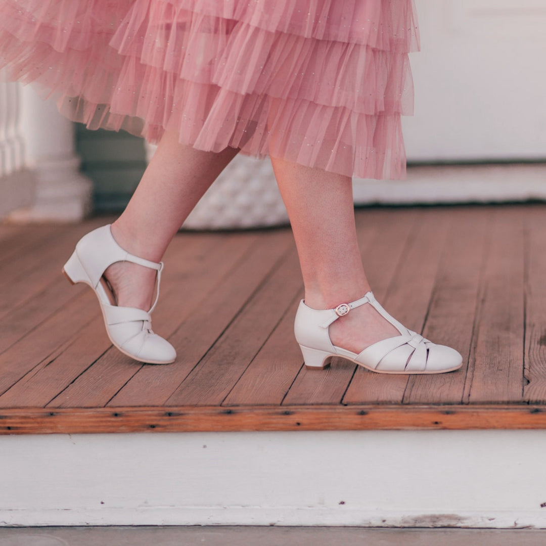 Charlie Stone Shoes vintage 1920s 1930s inspired leather heels with small comfortable heel bridal white for retro wedding style bridesmaid bride shoes