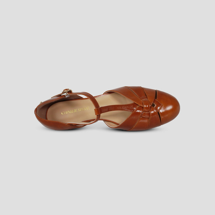 Charlie Stone Shoes women's vintage flats tan brown shined oiled leather dress shoes with hidden wedge to alleviate heel pain Montpellier Oak