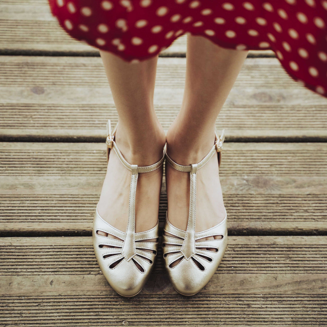 Charlie Stone Vintage Inspired Flats Retro 1940’s 1950’s Style Ladies Shoes metallic gold