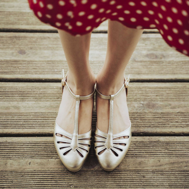 Charlie Stone Vintage Inspired Flats Retro 1940’s 1950’s Style Ladies Shoes metallic gold