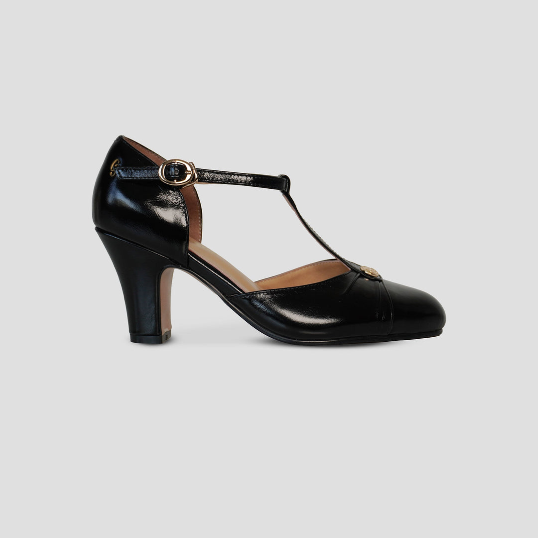 Charlie Stone Shoes women's vintage inspired classic italian style T bar heel stiletto black leather ladies shoes