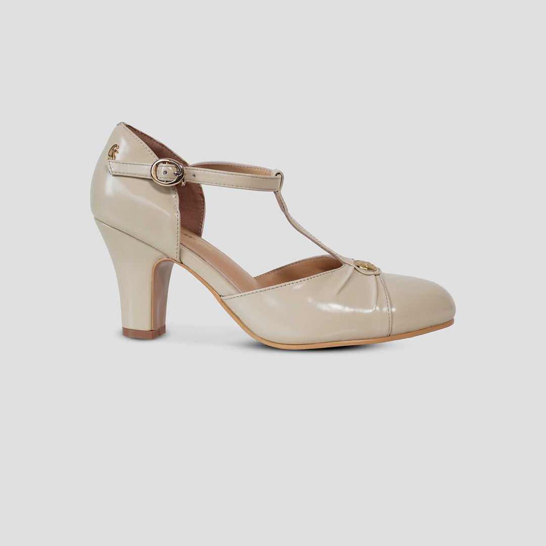 Charlie Stone Shoes women's vintage inspired classic italian style T bar heel stiletto bone cream neutral leather ladies shoes