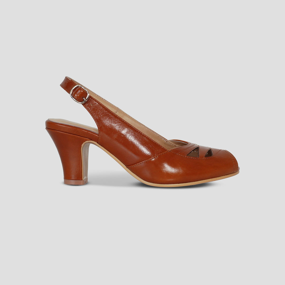 Charlie Stone Shoes women's vintage slingback elegant ladies peeptoe toe heels inspired by 1950's premium shined oiled leather noisette tan brown