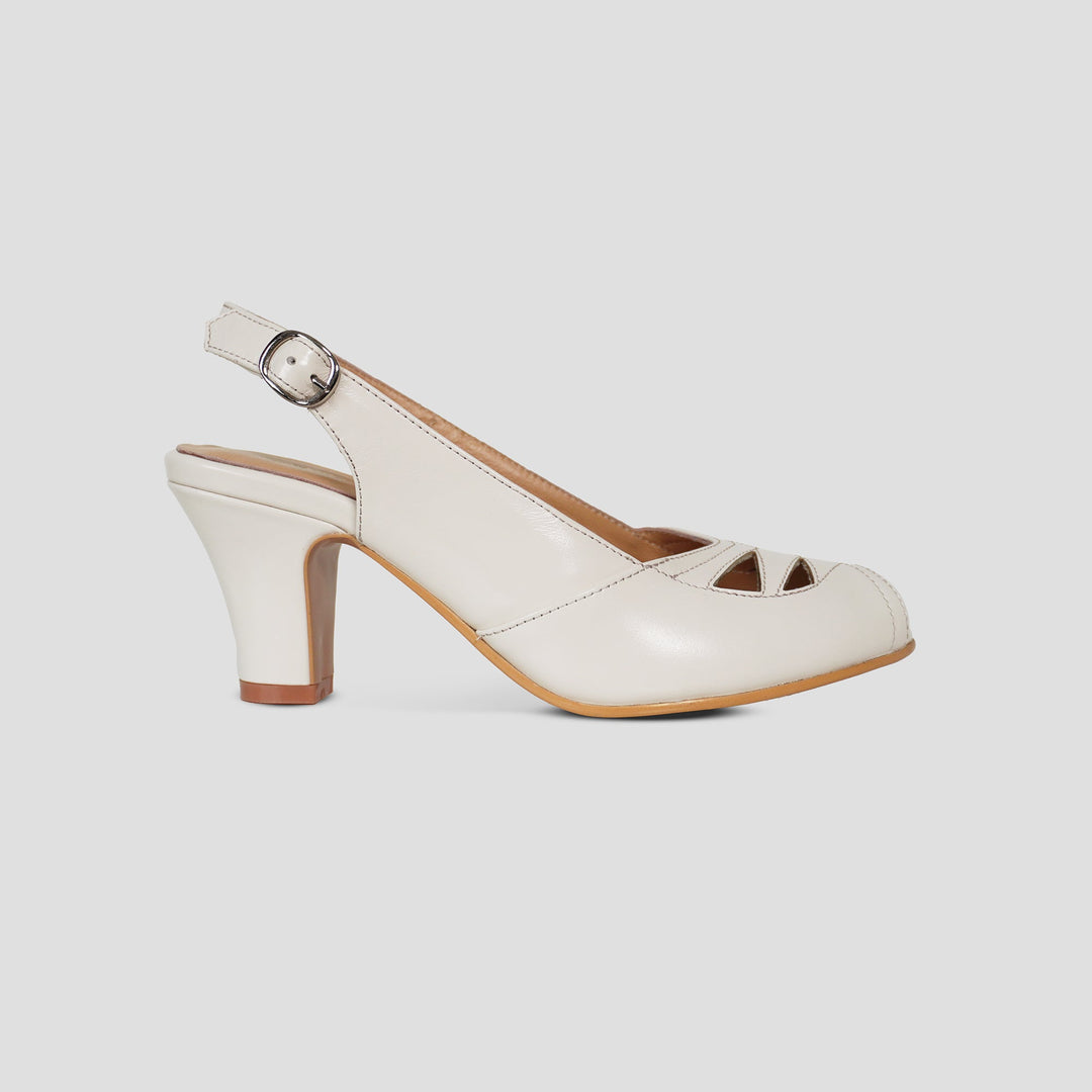 Charlie Stone Shoes women's vintage slingback elegant ladies peeptoe toe heels inspired by 1950's premium shined oiled leather vintage white neutral