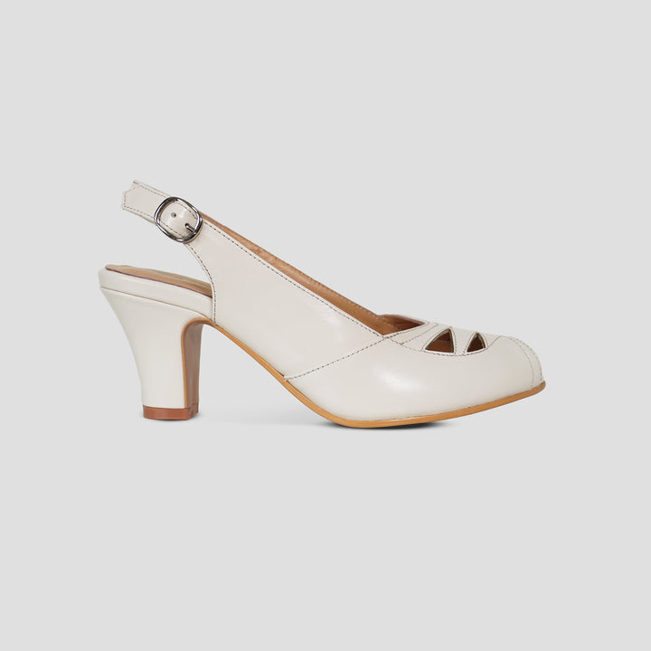 Charlie Stone Shoes women's vintage slingback elegant ladies peeptoe toe heels inspired by 1950's premium shined oiled leather vintage white neutral