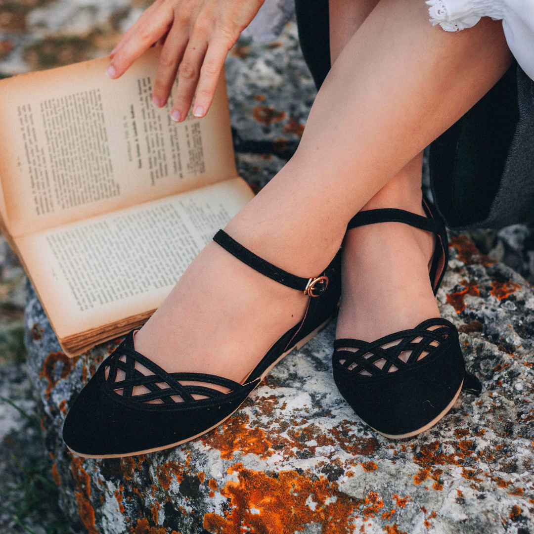 Charlie Stone Shoes dark academia shoes vintage flats with wedge for heel pain and tendonitis black suede 