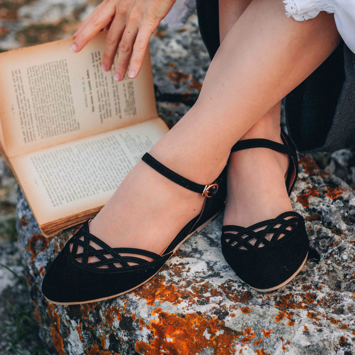Charlie Stone Shoes dark academia shoes vintage flats with wedge for heel pain and tendonitis black suede 