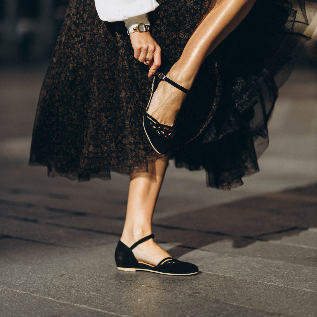 Charlie Stone Shoes dark academia shoes vintage flats with wedge for heel pain and tendonitis black suede 