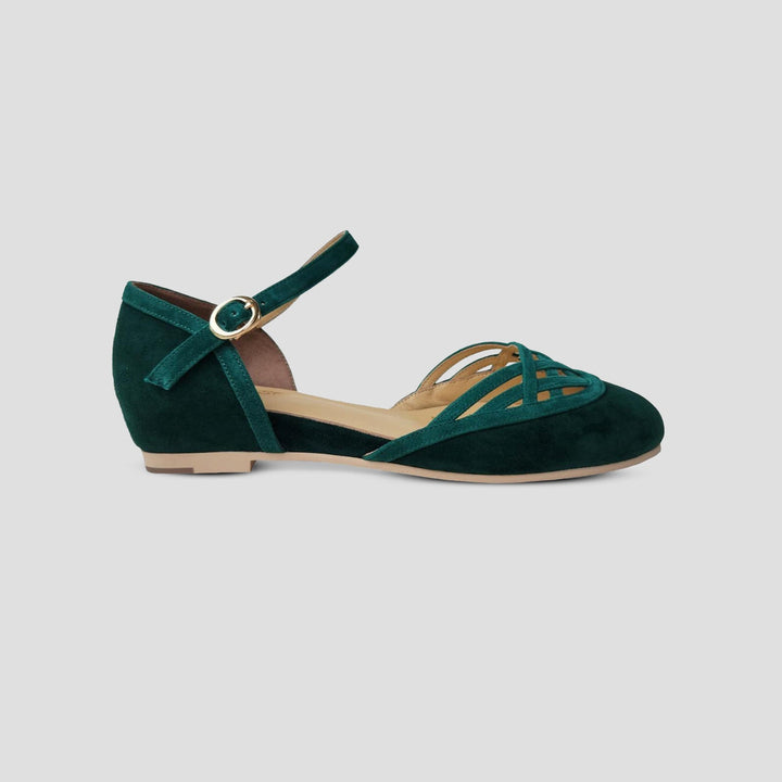 Charlie Stone Shoes vintage inspired 1920-50's dark academia aesthetic women's flats Serpente emerald with hidden wedge suede leather