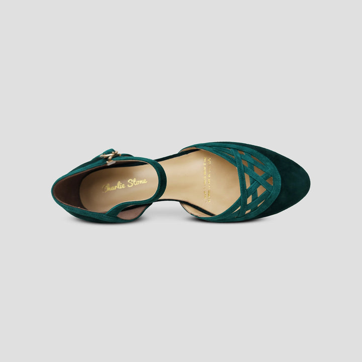 Charlie Stone Shoes vintage inspired 1920-50's dark academia aesthetic women's flats Serpente emerald with hidden wedge suede leather