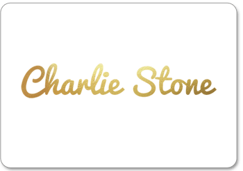 Charlie Stone brand name in gold cursive font on a white background.