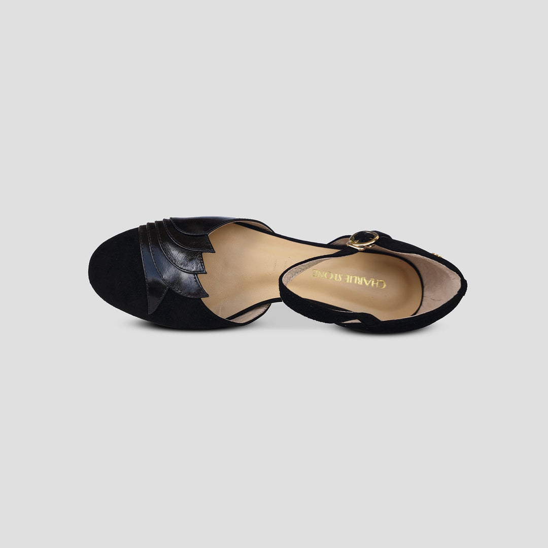 Charlie Stone Shoes New York elegant vintage inspired 1930's flats ladies shoes black suede leather womens sandals with heel elevation to help alleviate heel pain and discomfort