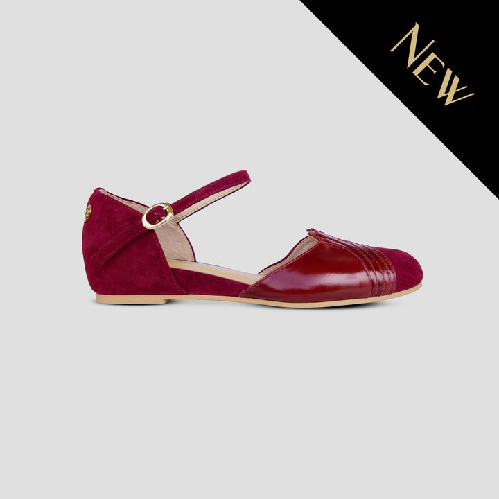 Charlie Stone Shoes New York elegant vintage inspired 1930's flats ladies shoes wine red burgundy suede leather womens sandals with heel elevation to help alleviate heel pain and discomfort