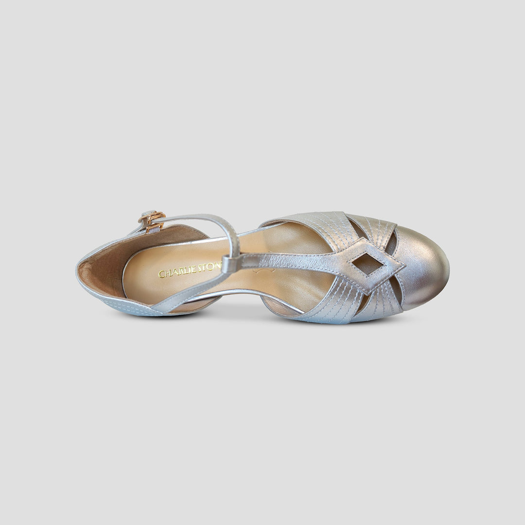 Charlie Stone Shoes London elegant vintage inspired 1930's flats ladies shoes silver leather womens sandals with heel elevation to help alleviate heel pain and discomfort