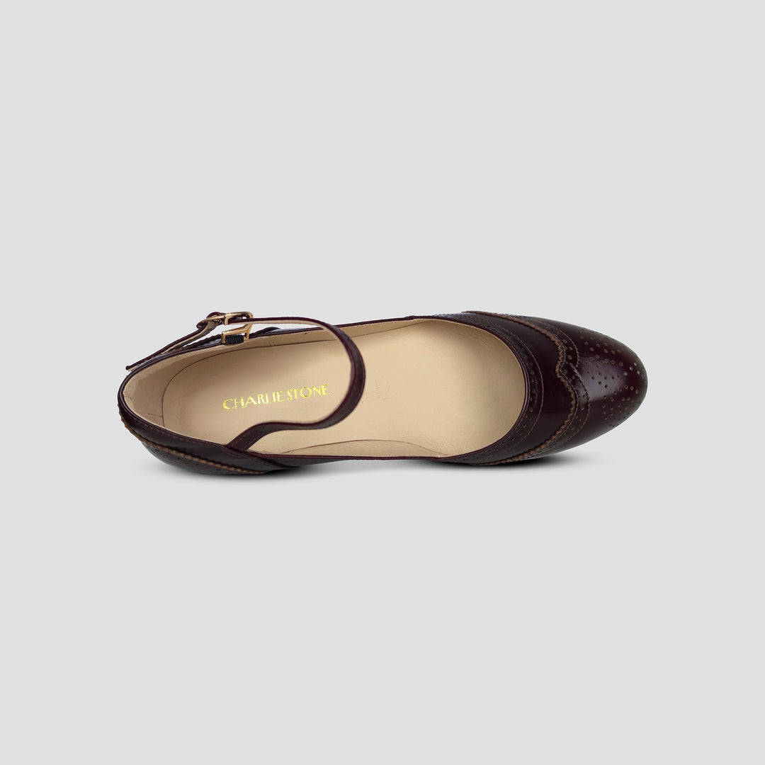 Charlie Stone Shoes vintage flats oxford wingtip academia style dark cocoa brown oiled leather 