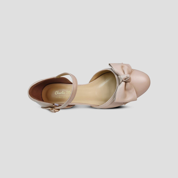 Charlie Stone Shoes vintage flats designed by Alba in Paris with oversized bow nude leather 
