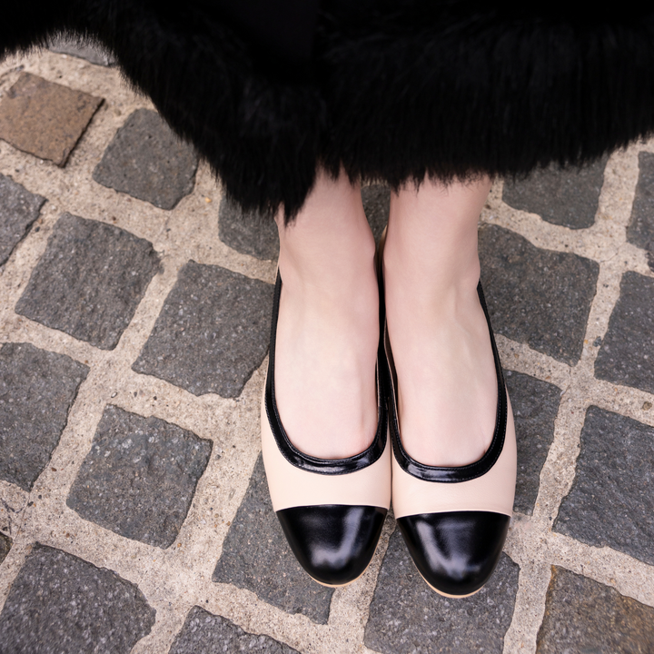 Charlie Stone Shoes Kensington british european elegant vintage style ladies flats chanel style black and nude leather with biomechanical insole for better foot health helps foot pain 