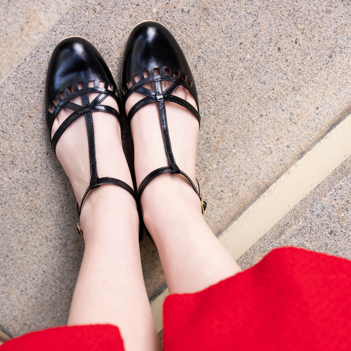 Charlie Stone Shoes Valentina black flats classic vintage style ladies shoes in leather with mary jane ankle strap and T bar old money aesthetic