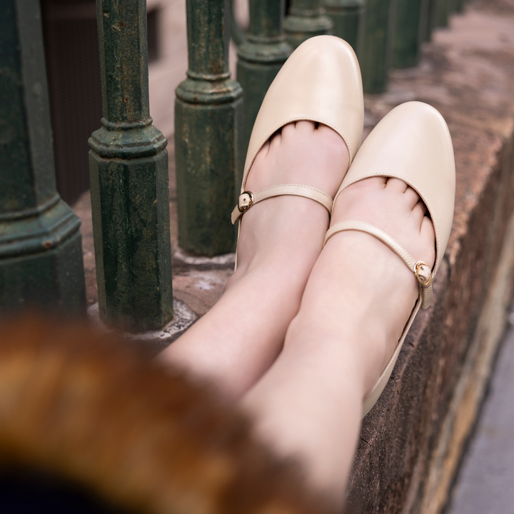 Charlie Stone Shoes Bronte bone leather vintage style flats old money classic mary jane style in cream neutral off white