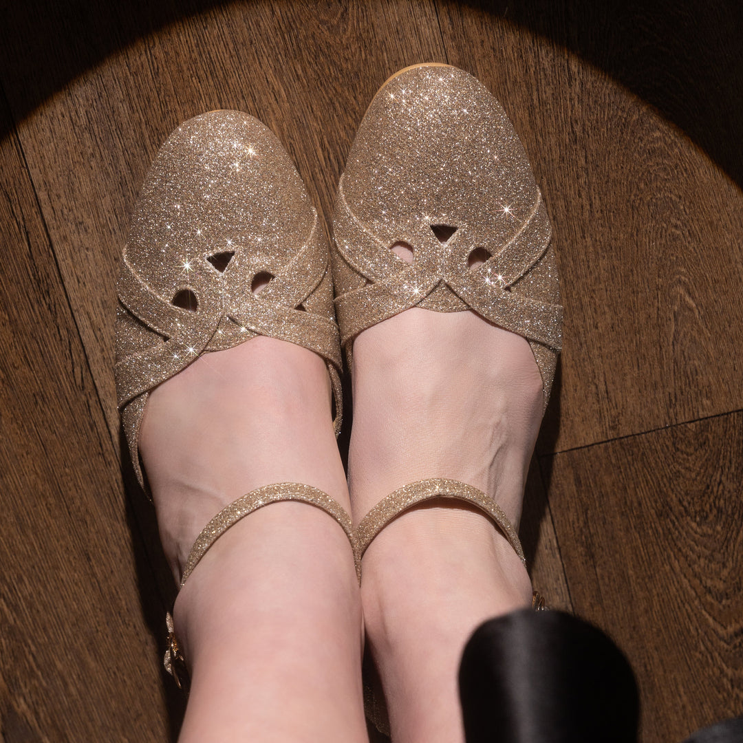 Charlie Stone Shoes gold glitter art deco 1920's vintage inspired heels Great Gatsby party cosplay style Petit Manhattan