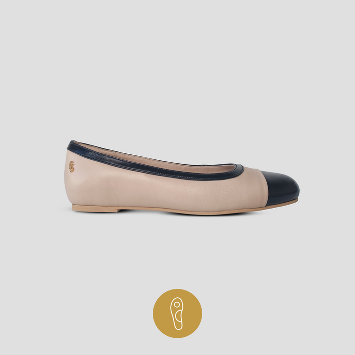 Charlie Stone Shoes Kensington british european elegant vintage style ladies flats chanel style black and nude leather with biomechanical insole for better foot health helps foot pain 