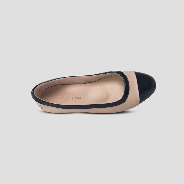 Charlie Stone Shoes Kensington british european elegant vintage style ladies flats chanel style black and nude leather with biomechanical insole for better foot health helps foot pain 