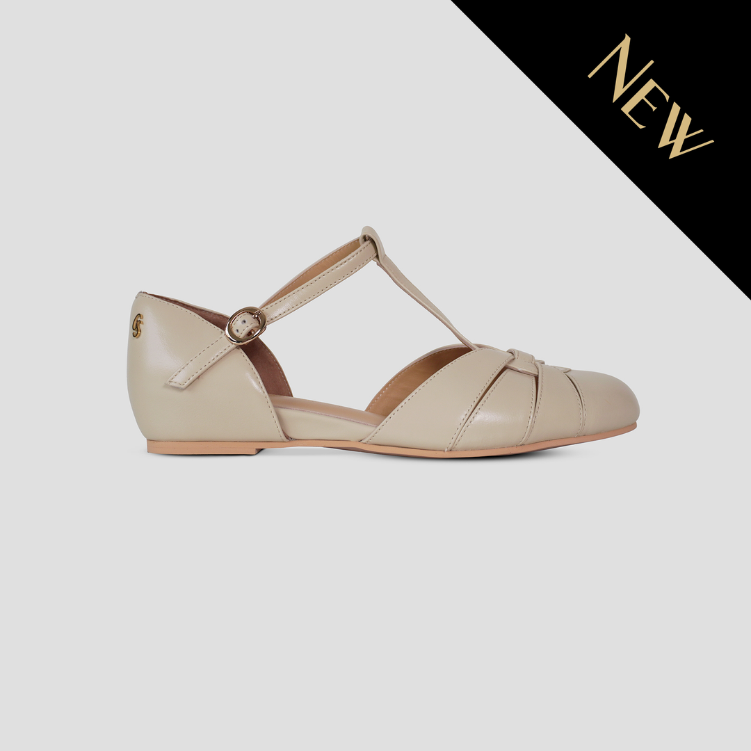 Charlie Stone Shoes women's vintage flats neutral cream shined oiled leather dress shoes with hidden wedge to alleviate heel pain Montpellier Bone