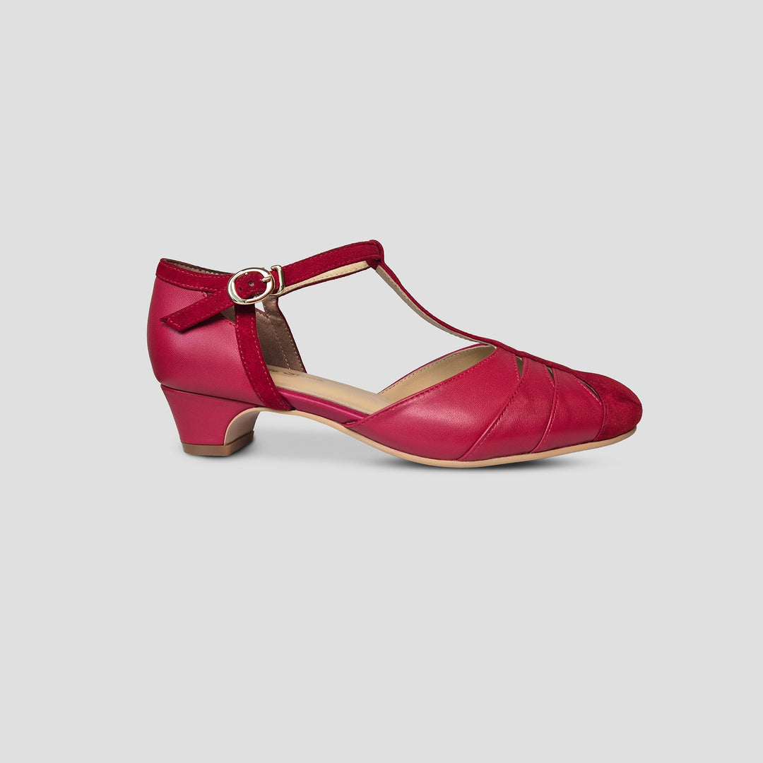 Charlie Stone shoes vintage heels red suede and gold leather small mini block heel 1920s 1930s style