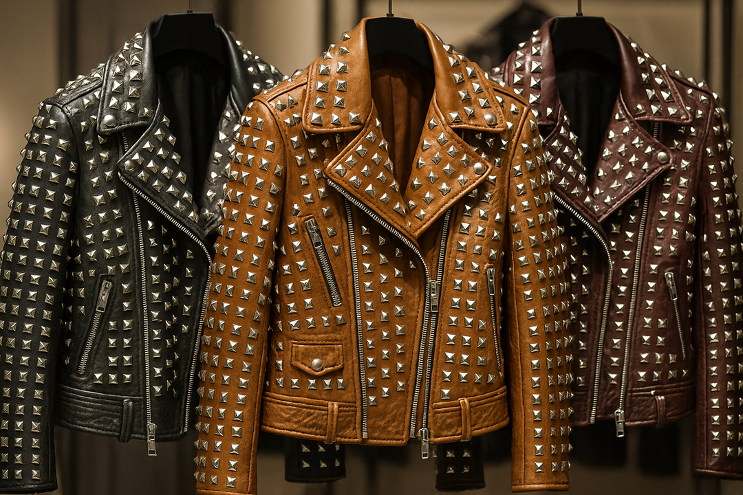 "Leather jackets customized with silver pyramid studs - punk rock style"
