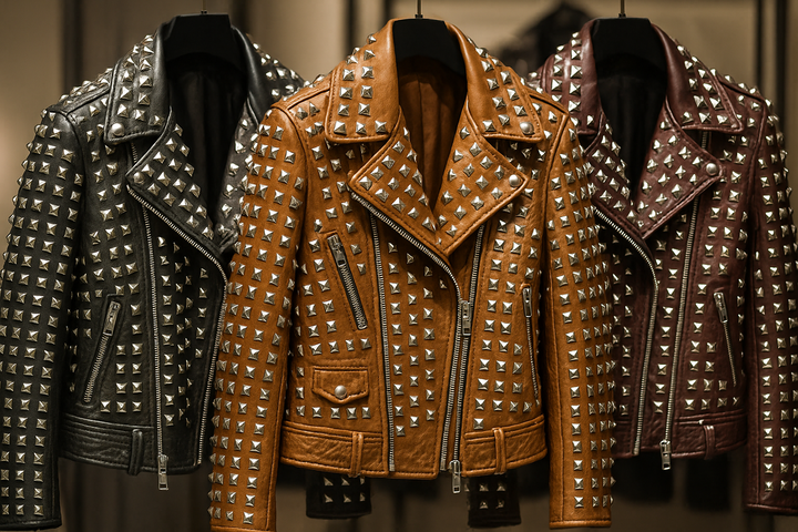 "Leather jackets customized with silver pyramid studs - punk rock style"
