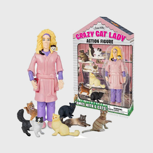 Crazy Cat Lady action figure with several cat figurines and original packaging.