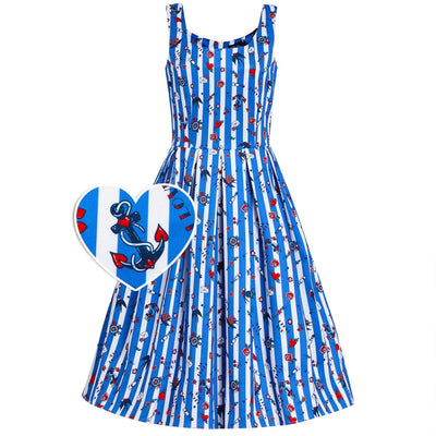 Dolly and Dotty Amanda Nautical Tattoo Dress  - simple dress with blue and white stripes and all over nautical tatttoo flash