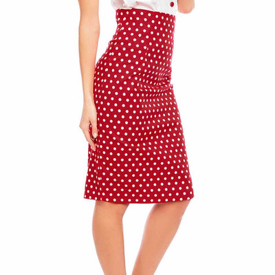 Dolly and Dotty Falda Pencil Skirt - Red/White Polka Dot model cropped turned to side