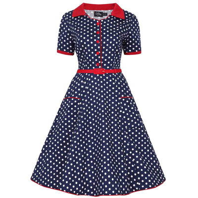 Dolly and Dotty Penelope Rockabilly Dress - Blue/White Polka Dot on invisible mannequin front