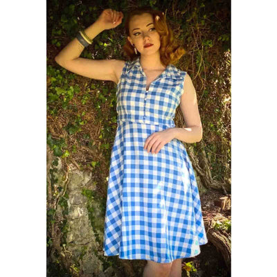 Model wearing the Dolly and Dotty Poppy 50s Shirt Dress - Blue Gingham