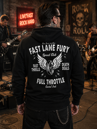 Back view image of a man wearing a black hoodie with bold print saying "Fast Lane Fury" with a rock n roll band playing in the background
