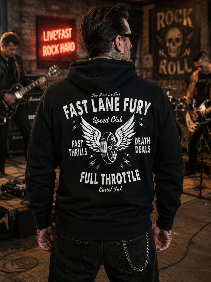 Back view image of a man wearing a black hoodie with bold print saying "Fast Lane Fury" with a rock n roll band playing in the background