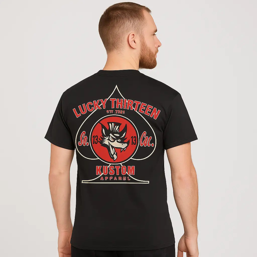 Man wearing black Lucky Thirteen Hot Rod T-shirt with red and white wolf graphic and spade design on back