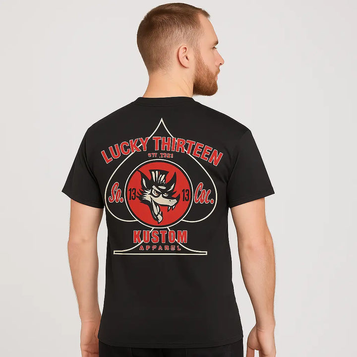 Man wearing black Lucky Thirteen Hot Rod T-shirt with red and white wolf graphic and spade design on back