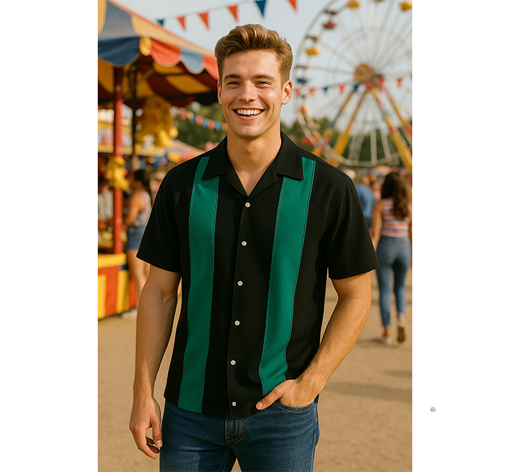 Black Green Bodgie Double Panel Bowling Shirt - Nifty50's Retro Men's