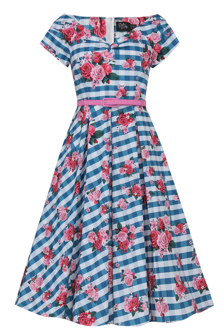Blue Gingham Rose Lily Dress - Dolly & Dotty Women's Vintage Midi Swing Size 22 Only