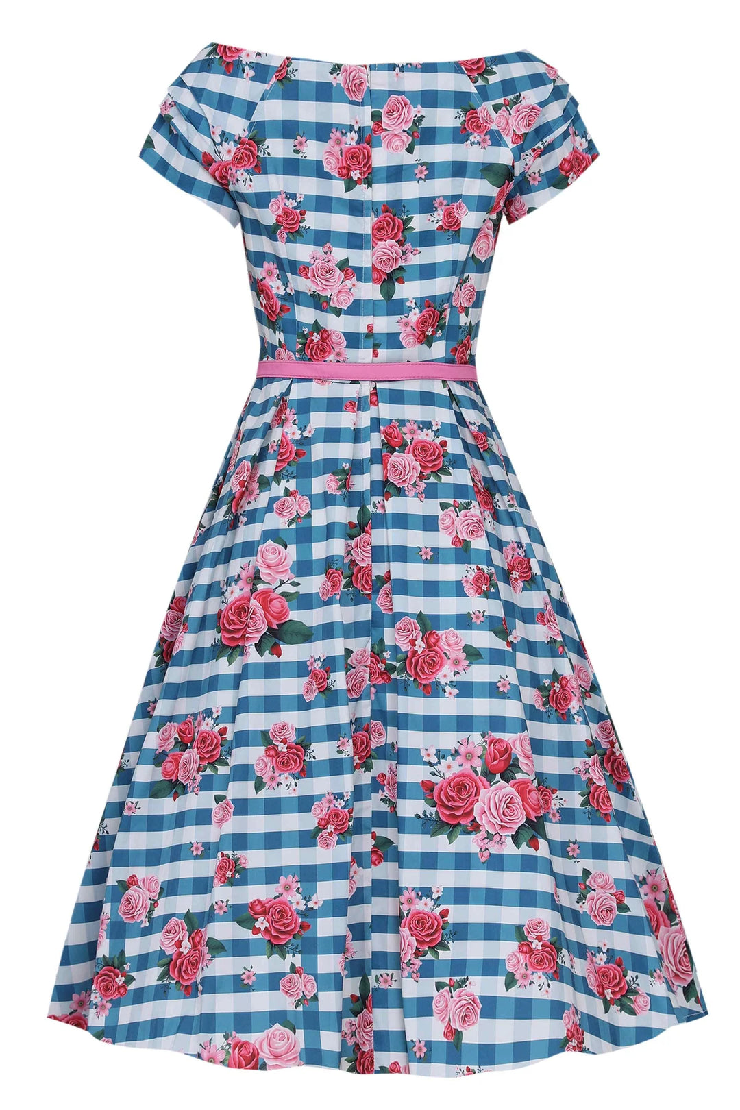 Blue Gingham Rose Lily Dress - Dolly & Dotty Women's Vintage Midi Swing Size 22 Only