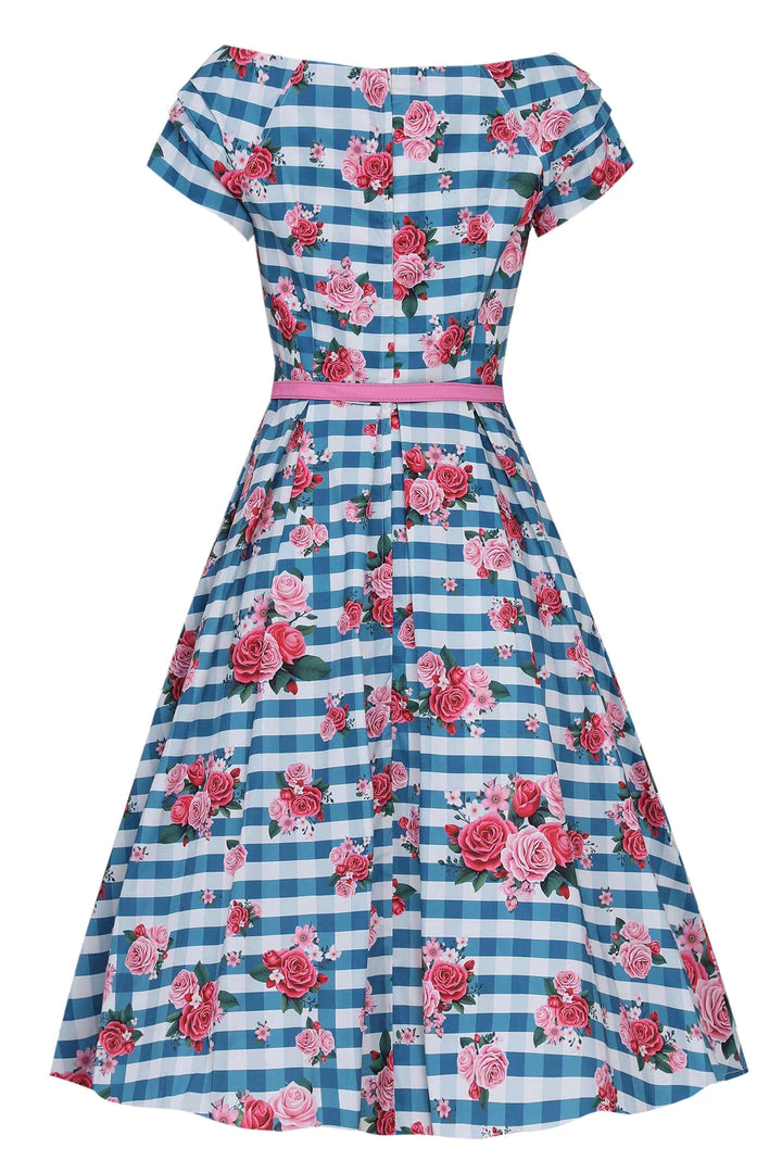 Blue Gingham Rose Lily Dress - Dolly & Dotty Women's Vintage Midi Swing Size 22 Only