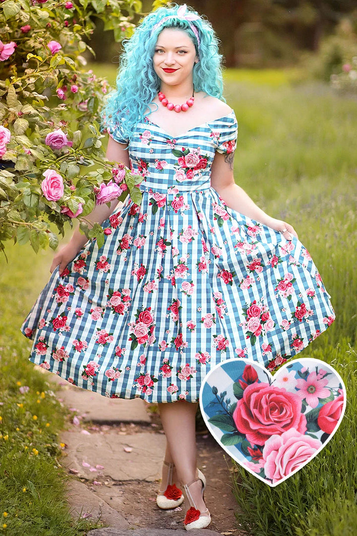 Blue Gingham Rose Lily Dress - Dolly & Dotty Women's Vintage Midi Swing Size 22 Only