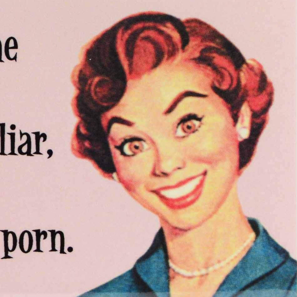 Vintage-style illustration of a woman with text on a pink background