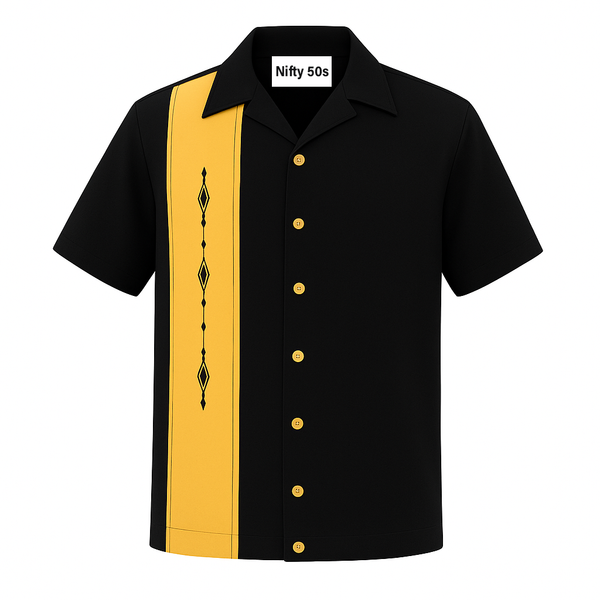 Black Yellow Havana Diamond Bowling Shirt Nifty50s Retro Vintage